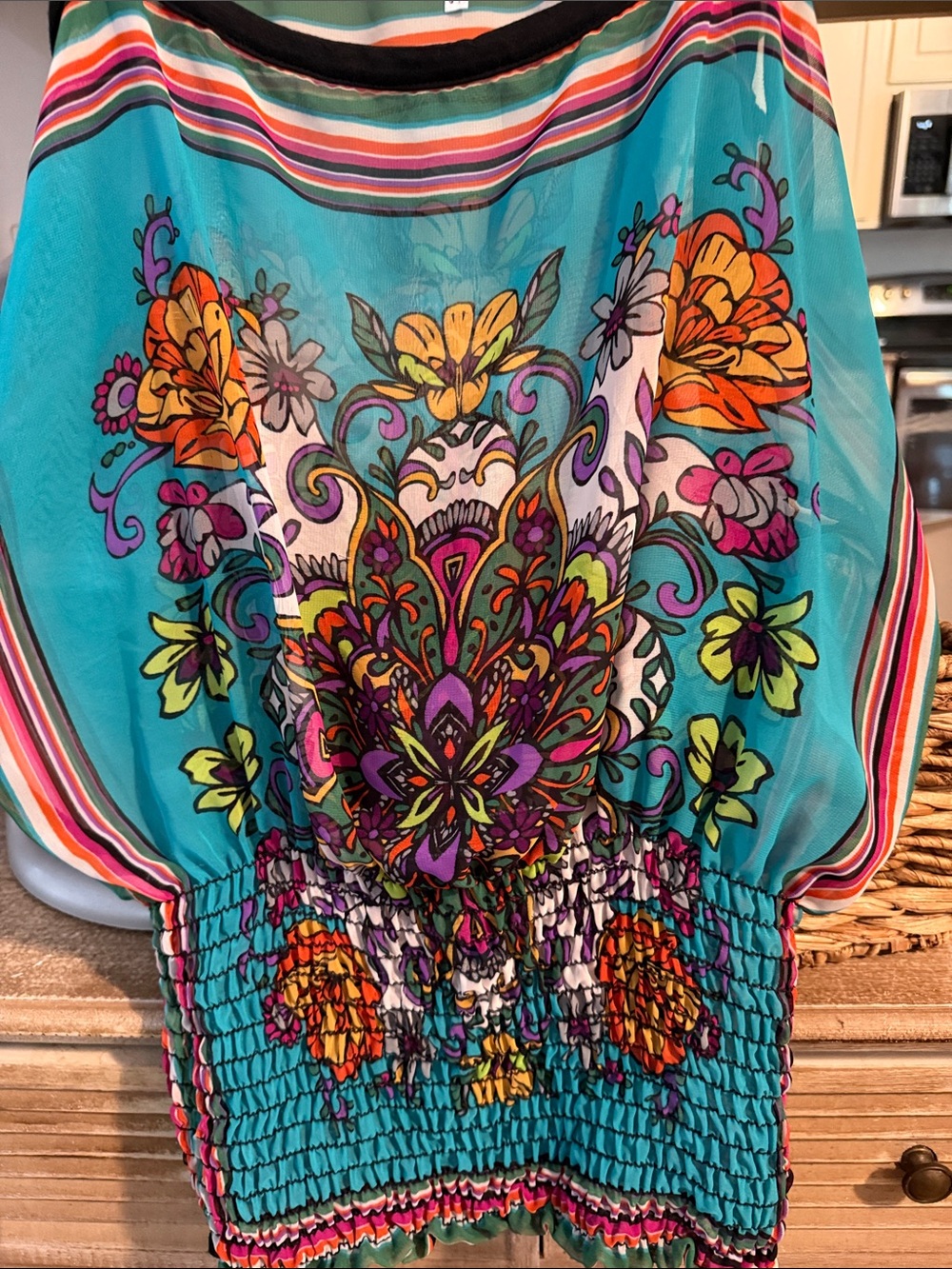 Super Cute Women’s Turquoise Floral Print Smocked Top M